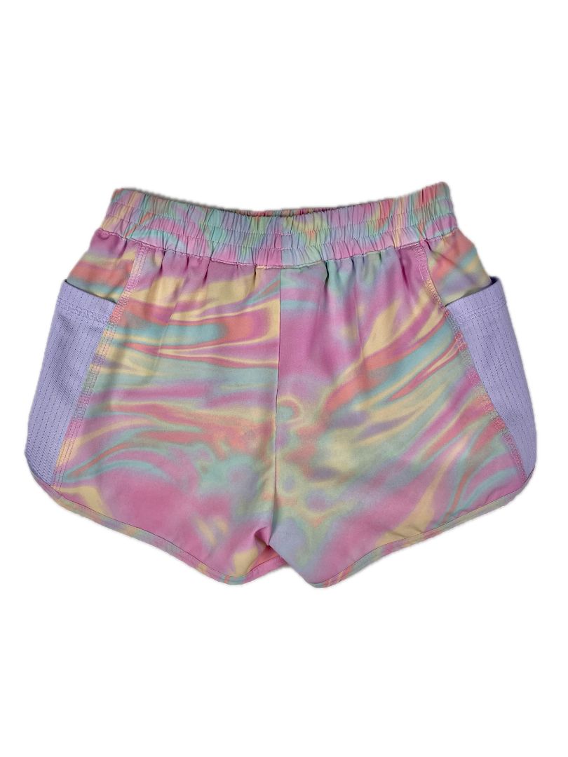 4-5 Lands' End, Multi, Groovy print activewear shorts, mesh side pockets, pink/purple/yellow/blue