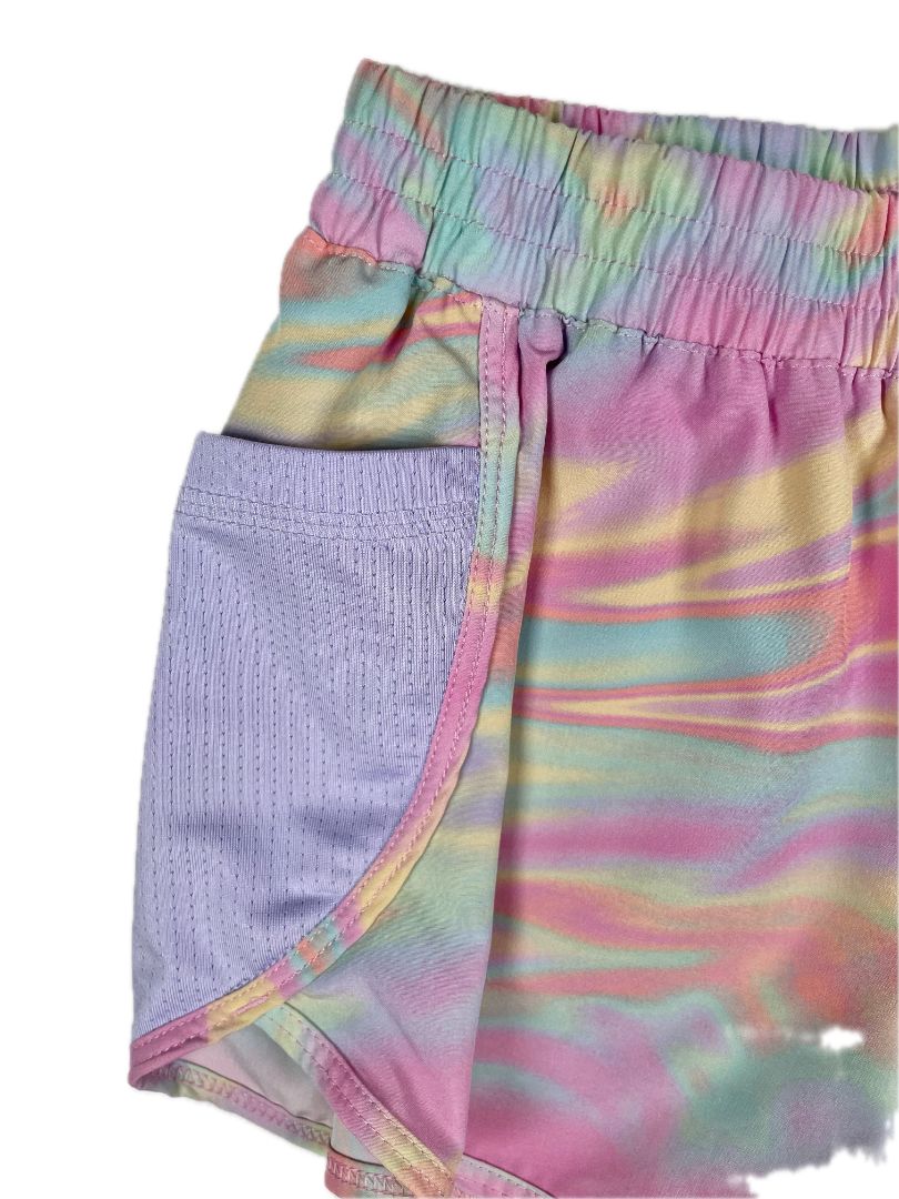 4-5 Lands' End, Multi, Groovy print activewear shorts, mesh side pockets, pink/purple/yellow/blue