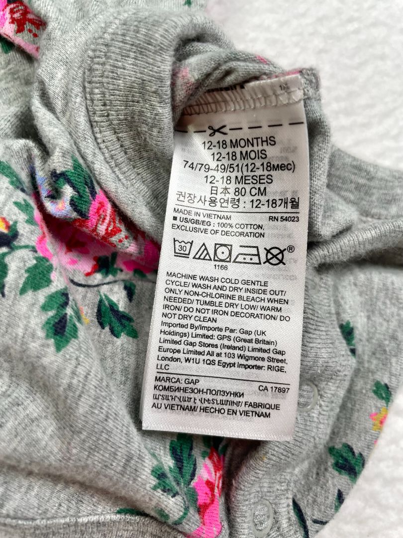 12-18 mo, babyGap, Grey, Floral long-sleeve bodysuit, ruffles at shoulders