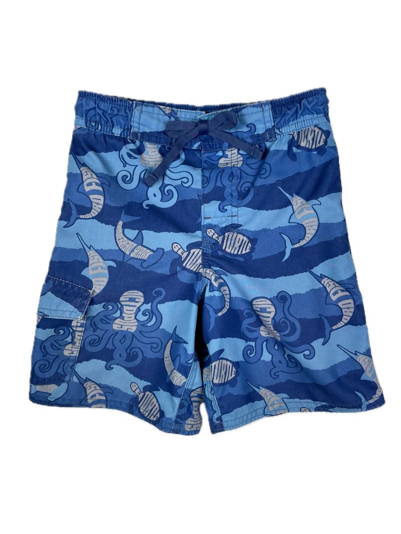 4/4T L.L.Bean, Blue, Sea creature / waves print elastic-waist swim trunks, decorative waist tie