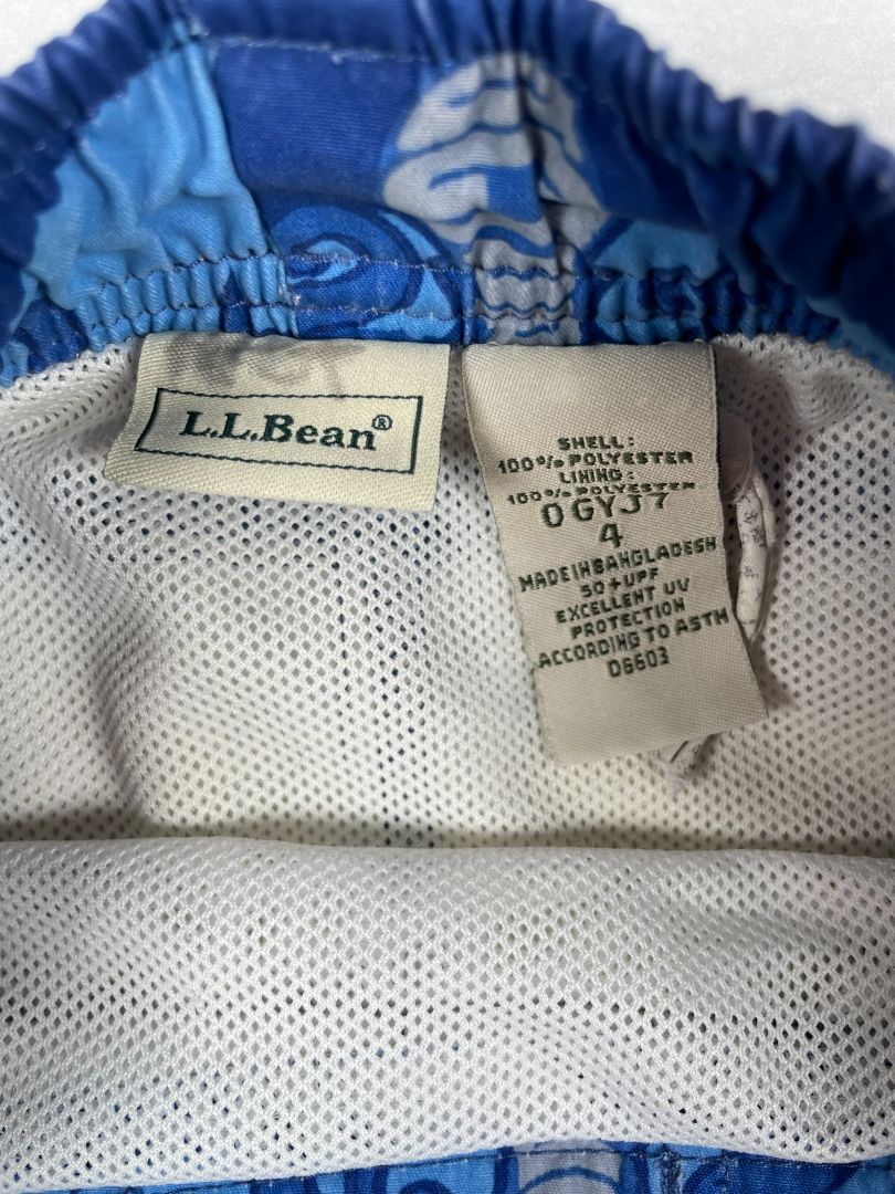 4/4T L.L.Bean, Blue, Sea creature / waves print elastic-waist swim trunks, decorative waist tie