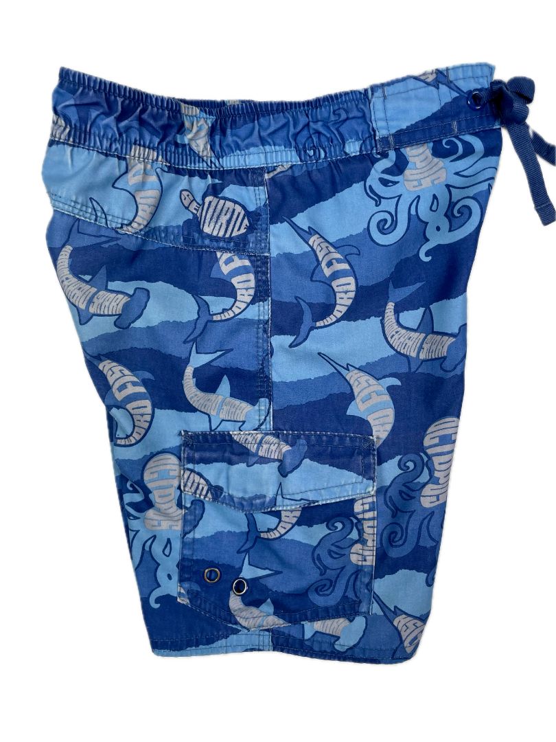 4/4T L.L.Bean, Blue, Sea creature / waves print elastic-waist swim trunks, decorative waist tie