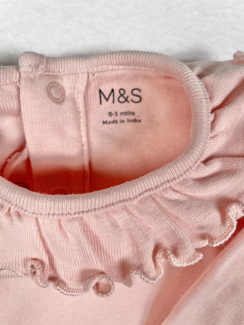 0-3 mo M&S, Pink, Long-sleeve bodysuit w/ ruffle collar & hand covers