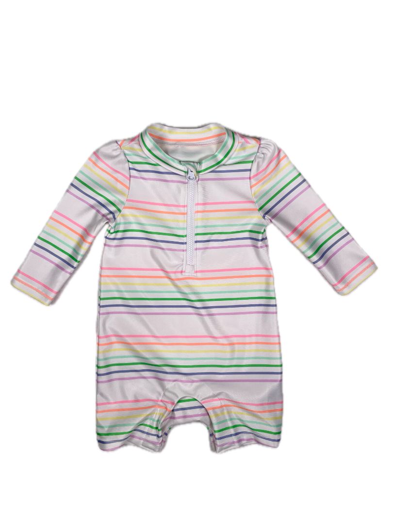 0-6 mo babyGap, White, Rainbow stripe long-sleeve one-piece swim suit, snap short bottom