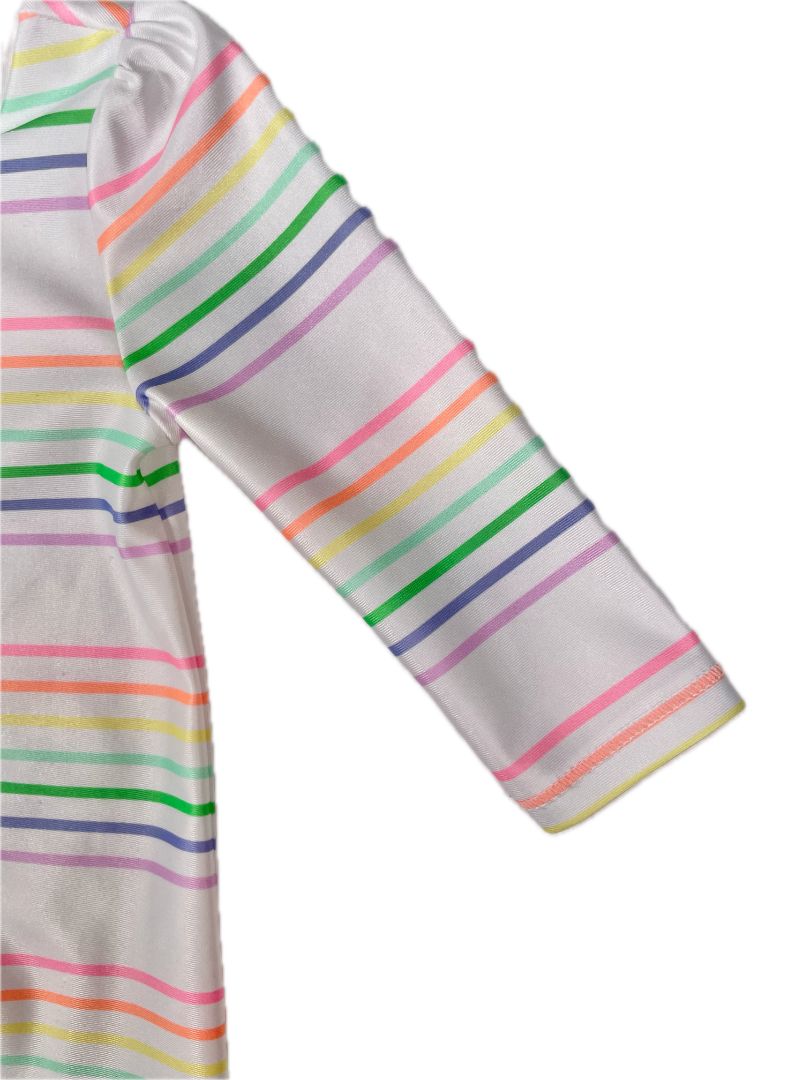 0-6 mo babyGap, White, Rainbow stripe long-sleeve one-piece swim suit, snap short bottom