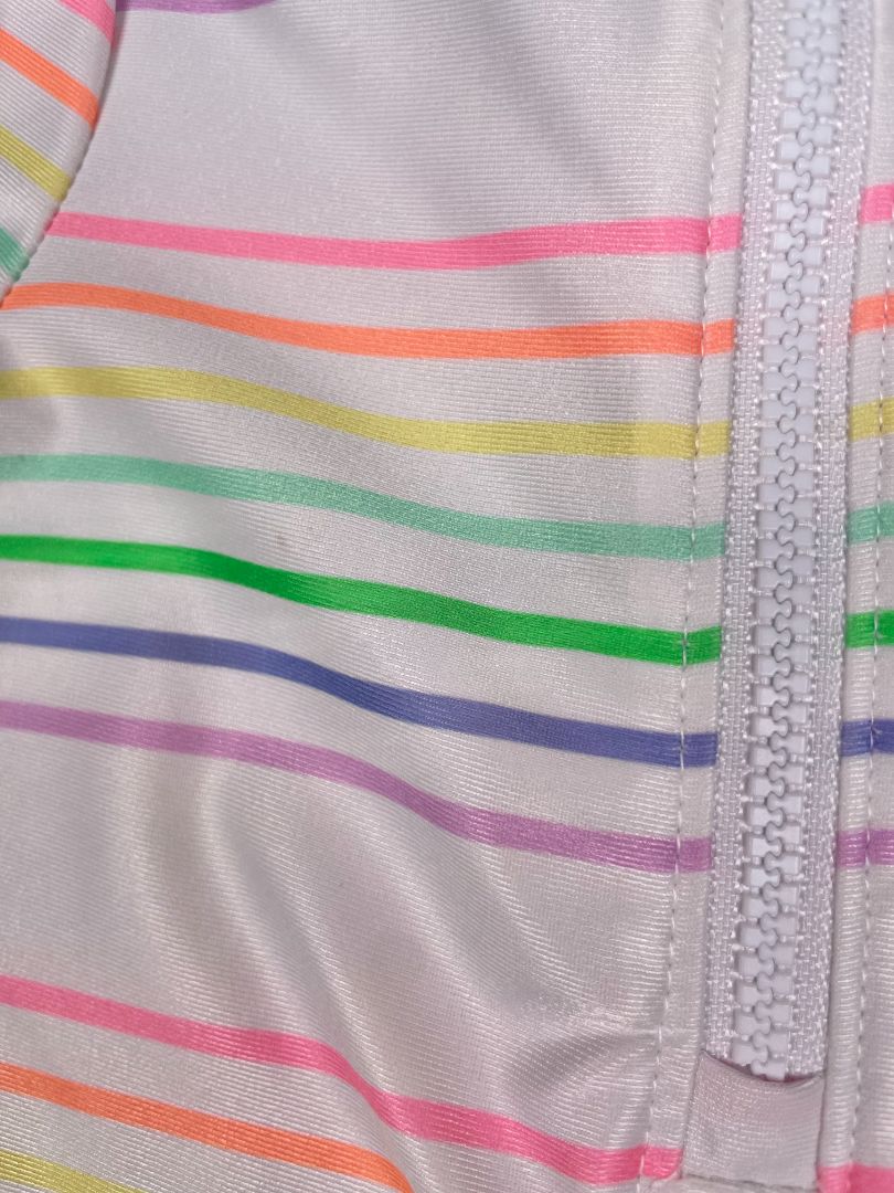 0-6 mo babyGap, White, Rainbow stripe long-sleeve one-piece swim suit, snap short bottom