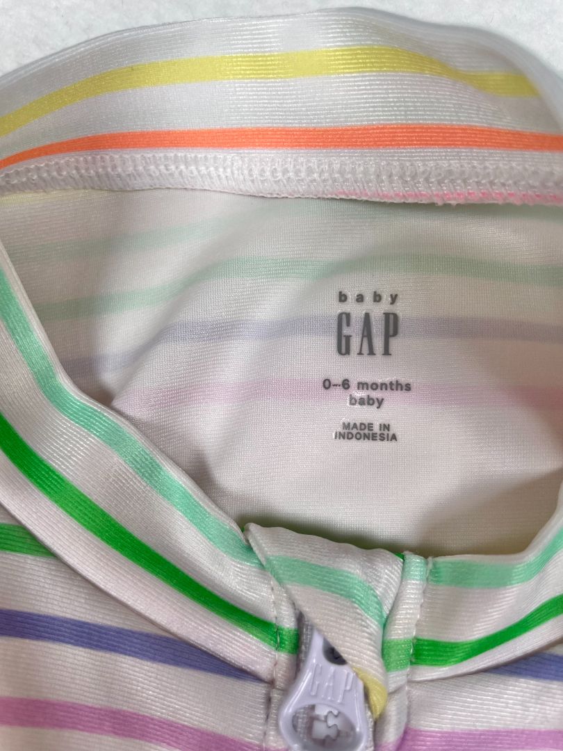 0-6 mo babyGap, White, Rainbow stripe long-sleeve one-piece swim suit, snap short bottom