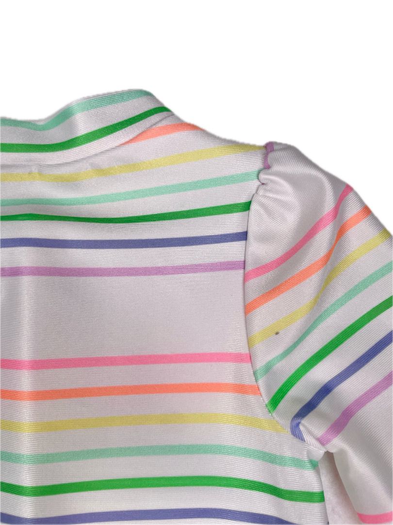 0-6 mo babyGap, White, Rainbow stripe long-sleeve one-piece swim suit, snap short bottom