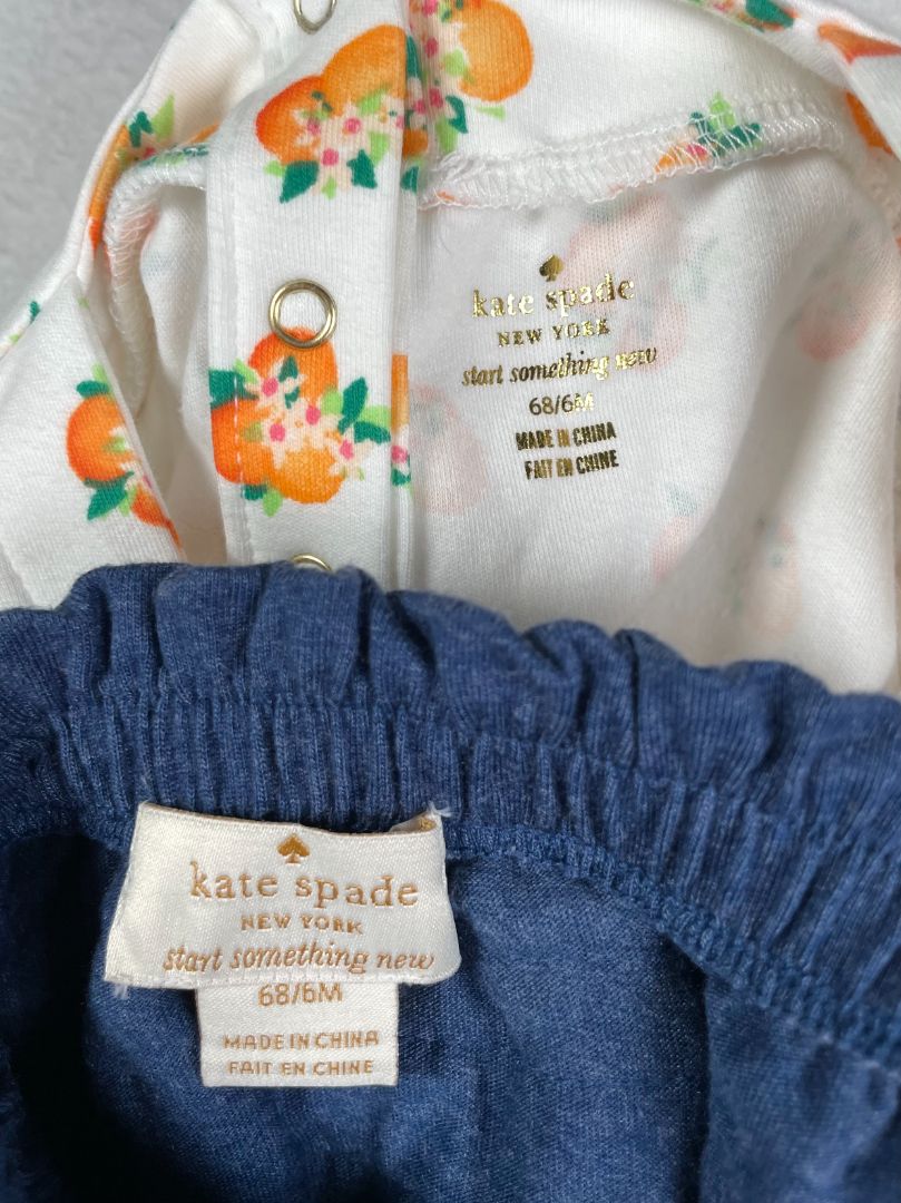 6 mo, Kate Spade, White, Oranges ruffle sleeve shirt + blue ruffle butt bloomers SET