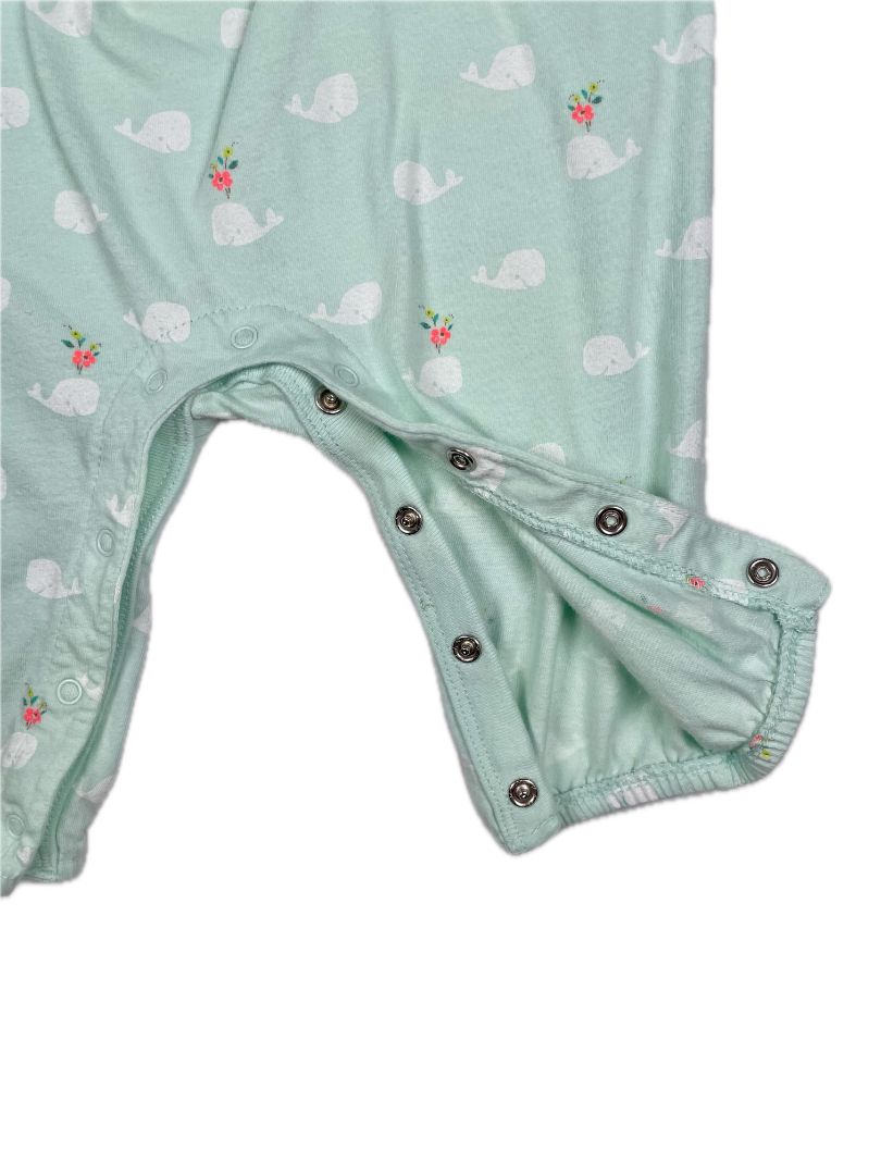 6-9 mo, babyGap, Green, Whale & flower print long-sleeve one-piece, snap legs