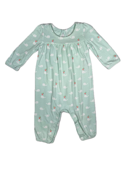 6-9 mo, babyGap, Green, Whale & flower print long-sleeve one-piece, snap legs