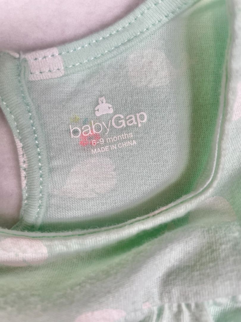6-9 mo, babyGap, Green, Whale & flower print long-sleeve one-piece, snap legs