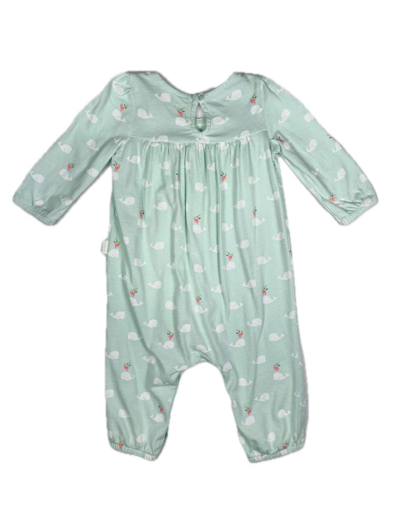 6-9 mo, babyGap, Green, Whale & flower print long-sleeve one-piece, snap legs