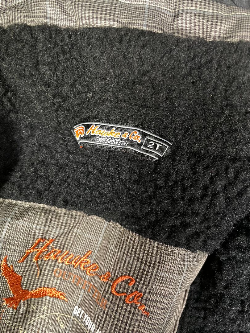 2/2T, Hawke & Co., Brown, Plaid winter coat, removable hood, fleece lined, adjustable inner waistband