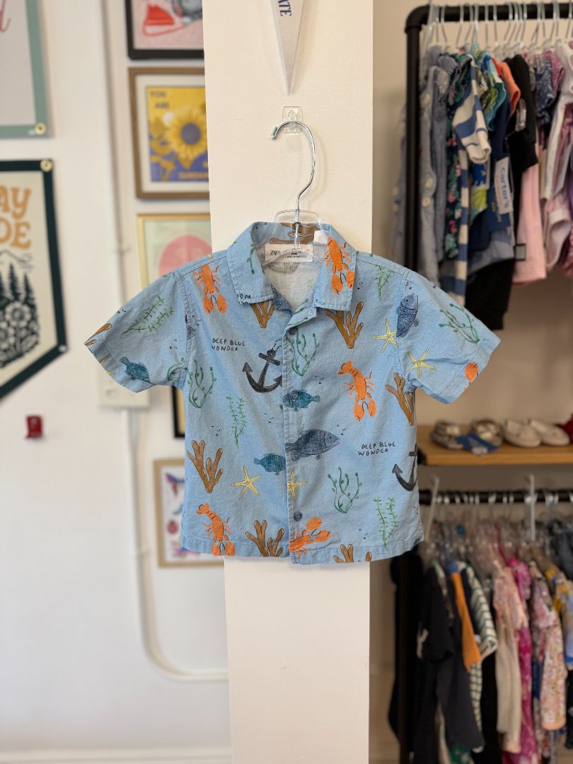 18 mo, Zara, Blue, "Deep blue wonder" undersea print short-sleeve button-down shirt