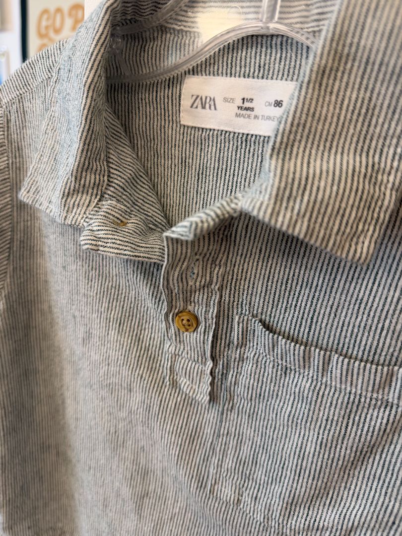18 mo, Zara, White, Vertical green stripe linen mix short-sleeve collared pocket shirt