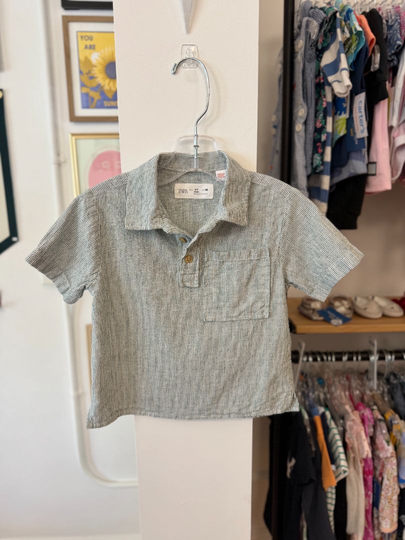18 mo, Zara, White, Vertical green stripe linen mix short-sleeve collared pocket shirt