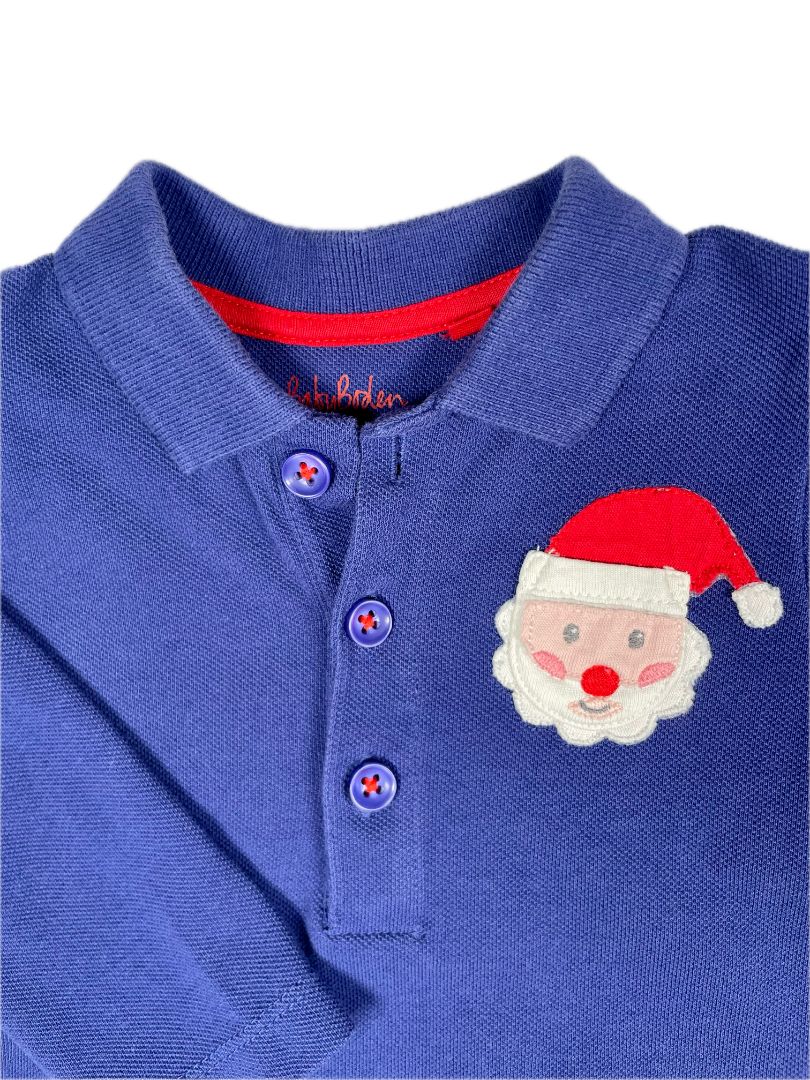 3-6 mo Boden, Blue, Long-sleeve polo shirt w/ appliqué Santa Claus
