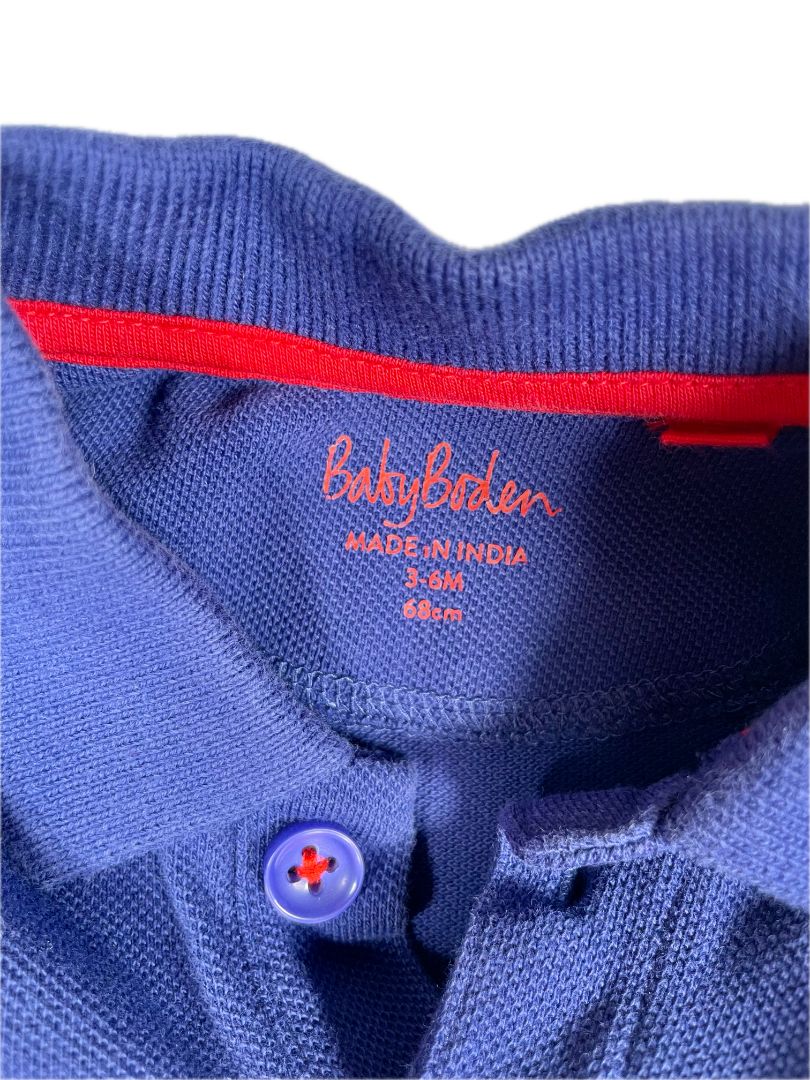 3-6 mo Boden, Blue, Long-sleeve polo shirt w/ appliqué Santa Claus