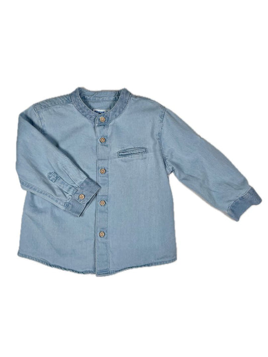 9 mo, Mayoral, Blue, Long-sleeve button-up shirt w/ mandarin collar, button roll-up sleeves