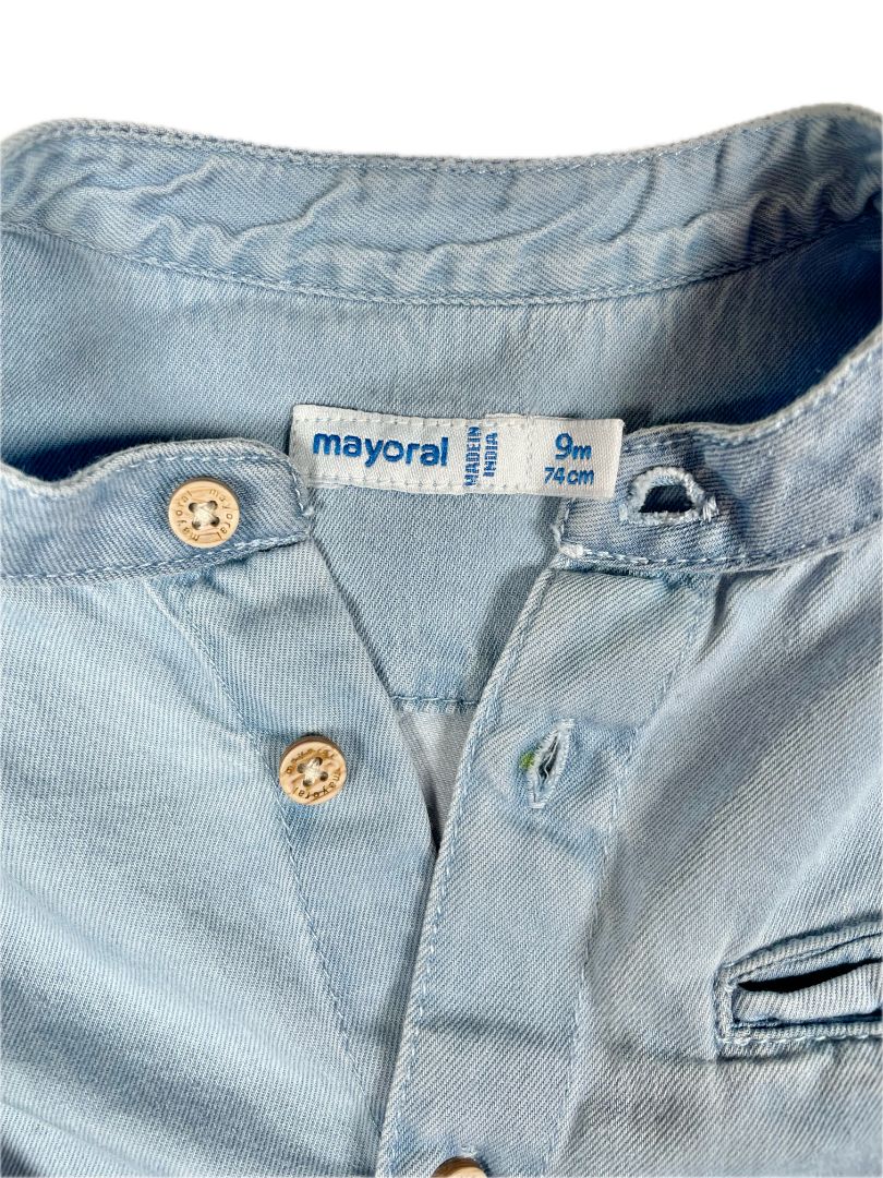 9 mo, Mayoral, Blue, Long-sleeve button-up shirt w/ mandarin collar, button roll-up sleeves