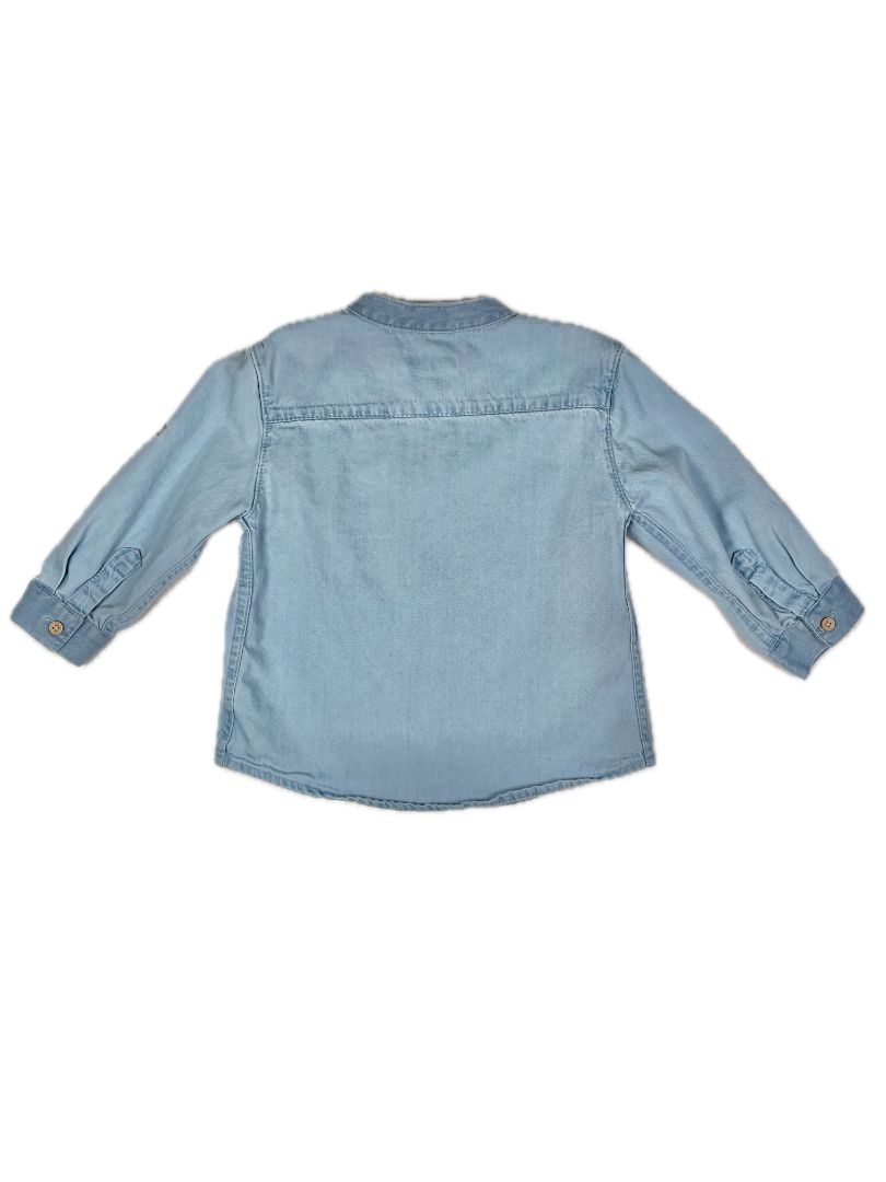 9 mo, Mayoral, Blue, Long-sleeve button-up shirt w/ mandarin collar, button roll-up sleeves