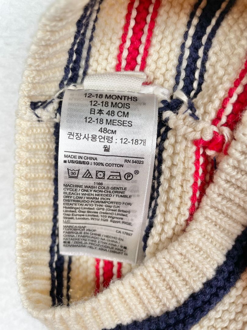 12-18 mo babyGap, Cream, Striped knit beanie w/ ears, navy/red