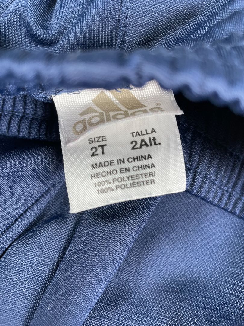 2/2T Adidas, Blue, Medium-weight pull-on activewear pants, white 3-stripe sides, pockets