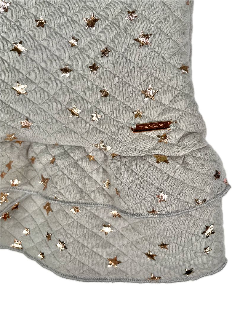 6-9 mo, Tahari, Grey, Quilted long-sleeve dress, metallic rose gold star print, ruffle bottom