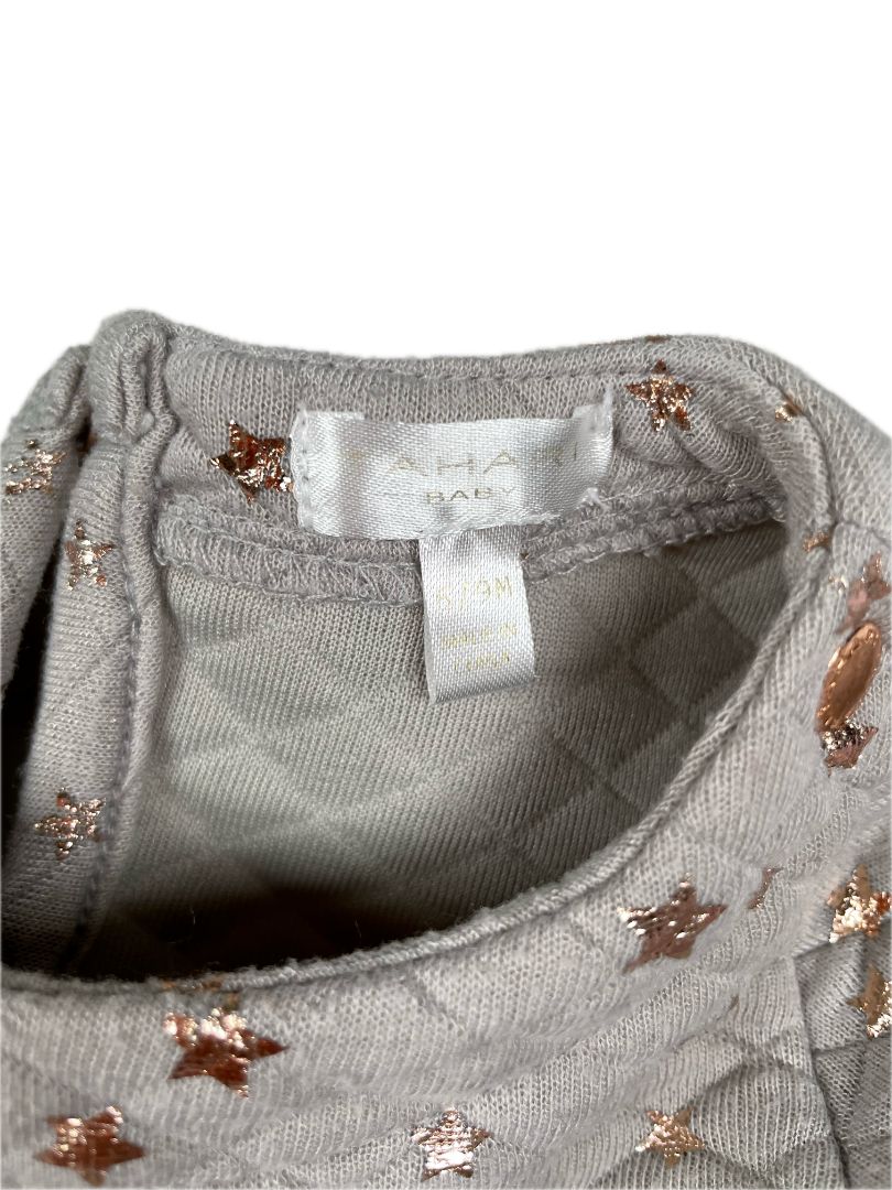 6-9 mo, Tahari, Grey, Quilted long-sleeve dress, metallic rose gold star print, ruffle bottom