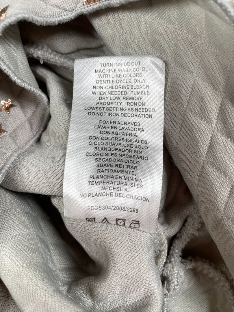 6-9 mo, Tahari, Grey, Quilted long-sleeve dress, metallic rose gold star print, ruffle bottom