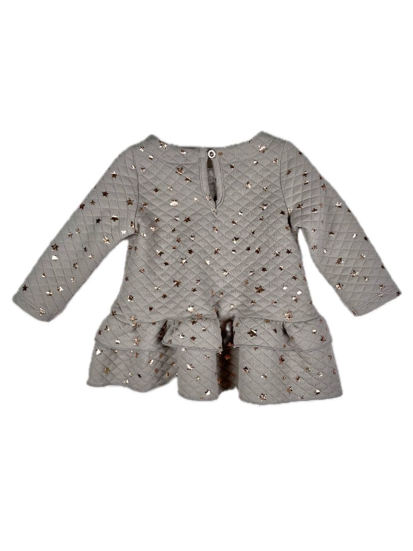 6-9 mo, Tahari, Grey, Quilted long-sleeve dress, metallic rose gold star print, ruffle bottom