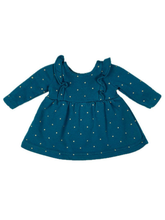 0 mo / Newborn, Carter's, Blue, Long-sleeve fleece-lined dress, gold polka dots, ruffles at shoulders