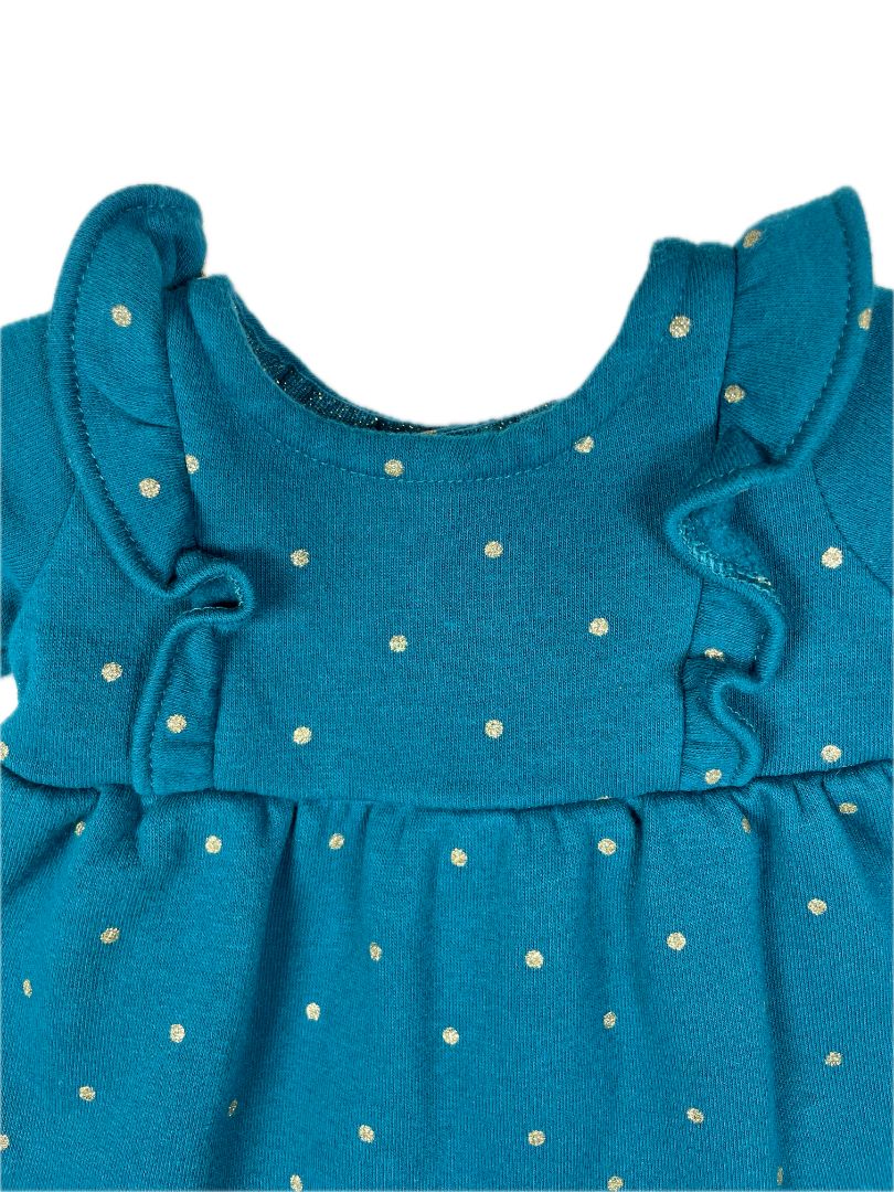 0 mo / Newborn, Carter's, Blue, Long-sleeve fleece-lined dress, gold polka dots, ruffles at shoulders
