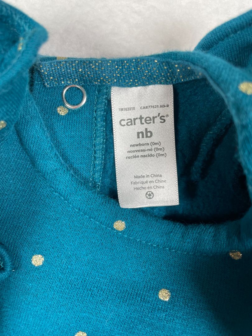 0 mo / Newborn, Carter's, Blue, Long-sleeve fleece-lined dress, gold polka dots, ruffles at shoulders