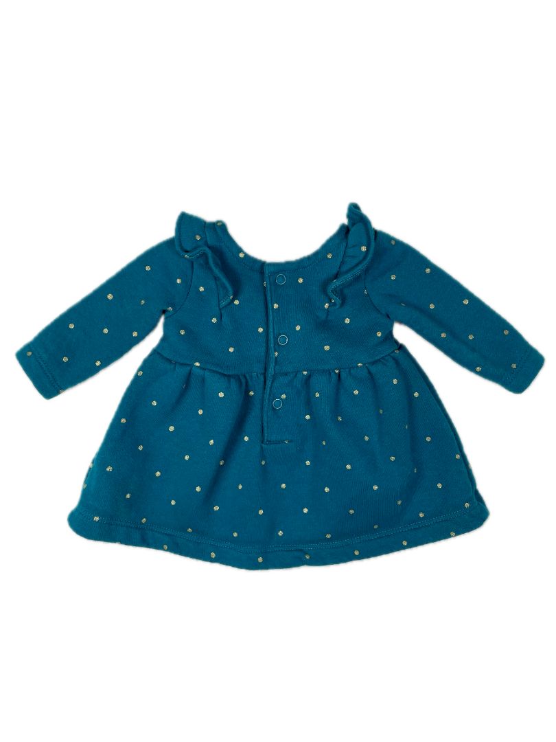 0 mo / Newborn, Carter's, Blue, Long-sleeve fleece-lined dress, gold polka dots, ruffles at shoulders