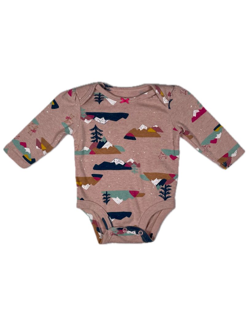 3 mo, Carter's, Pink, Mountain/winter animal print long-sleeve bodysuit, pink bow