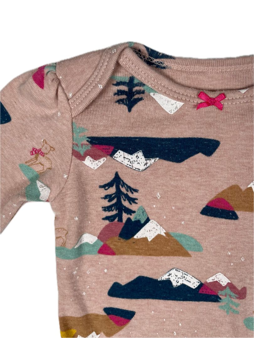 3 mo, Carter's, Pink, Mountain/winter animal print long-sleeve bodysuit, pink bow
