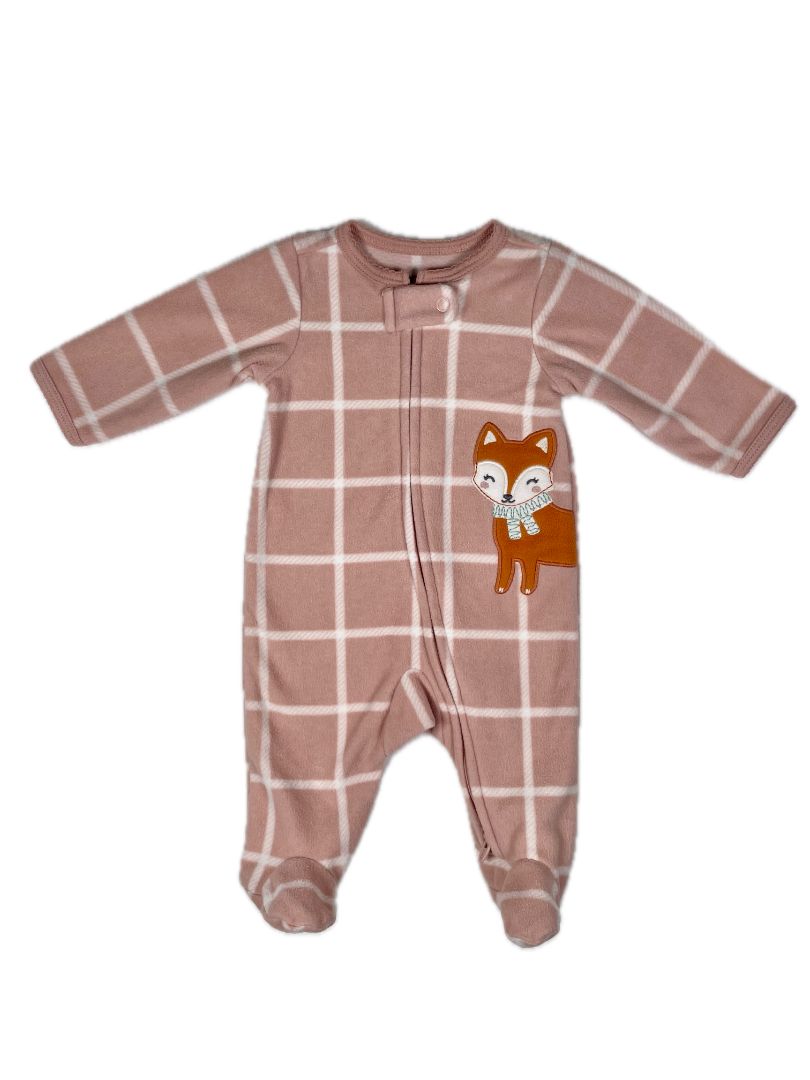 0 mo / Newborn, Carter's, Pink, Plaid fleece 2-way zip Sleep & Play Pajamas w/ fox