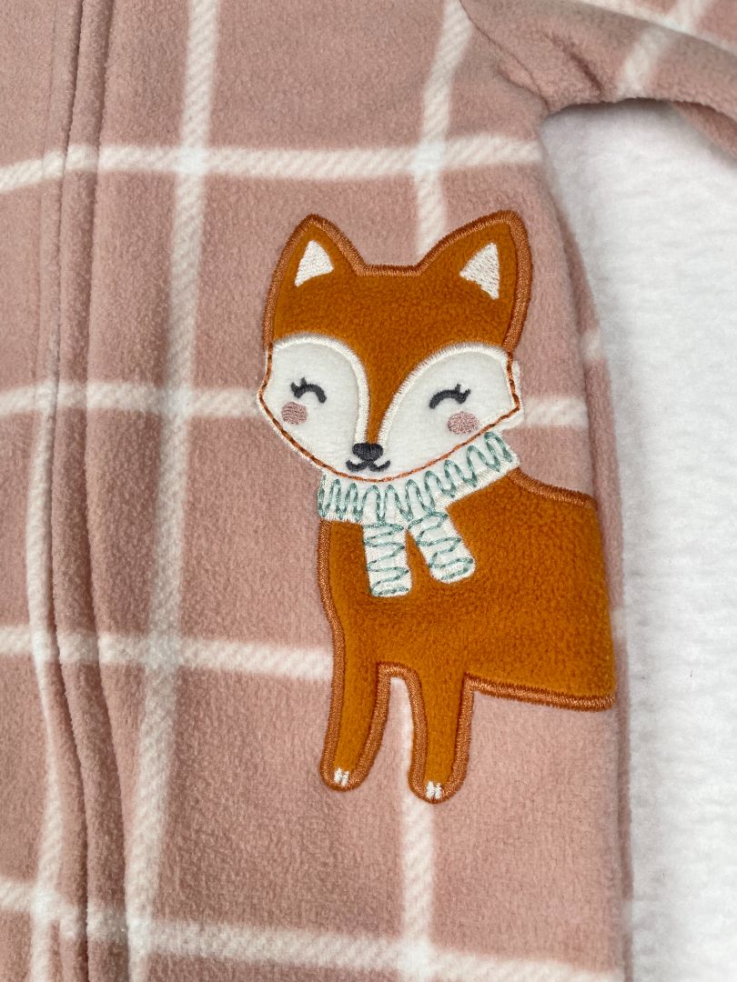 0 mo / Newborn, Carter's, Pink, Plaid fleece 2-way zip Sleep & Play Pajamas w/ fox