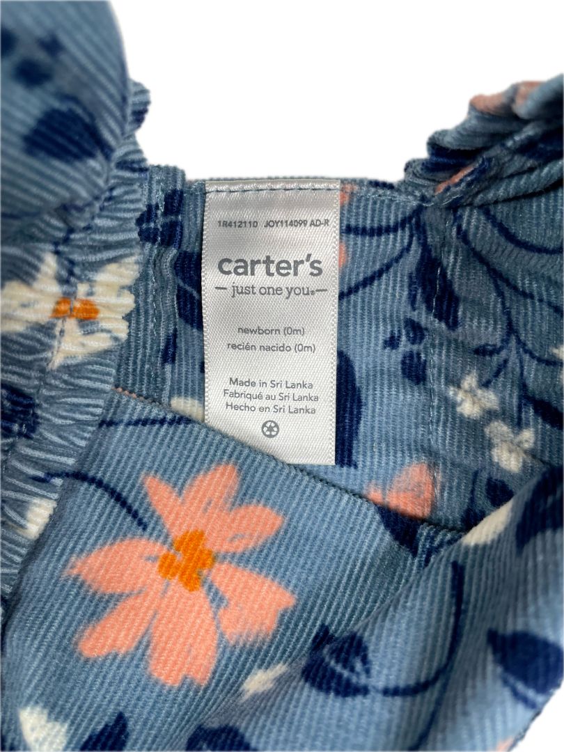 Newborn, Carter's, Blue, Long-sleeve corduroy floral dress w/ ruffle shoulders + diaper cover SET