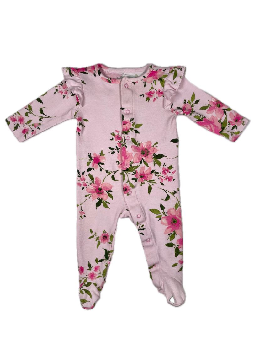 0-3 mo, Bundles by Baby Place, Pink, Floral print snap-up footed pajamas, ruffle at shoulders