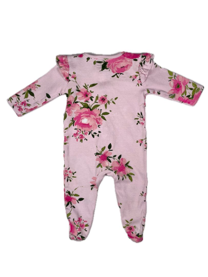 0-3 mo, Bundles by Baby Place, Pink, Floral print snap-up footed pajamas, ruffle at shoulders