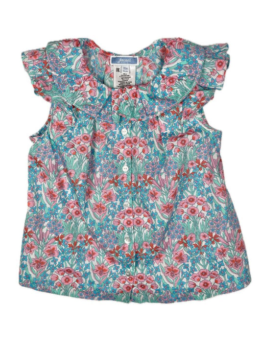 36 mo, Jacadi, Multi-color, Sleeveless, spring floral cotton blouse, button-up/collared, blue/pink/green