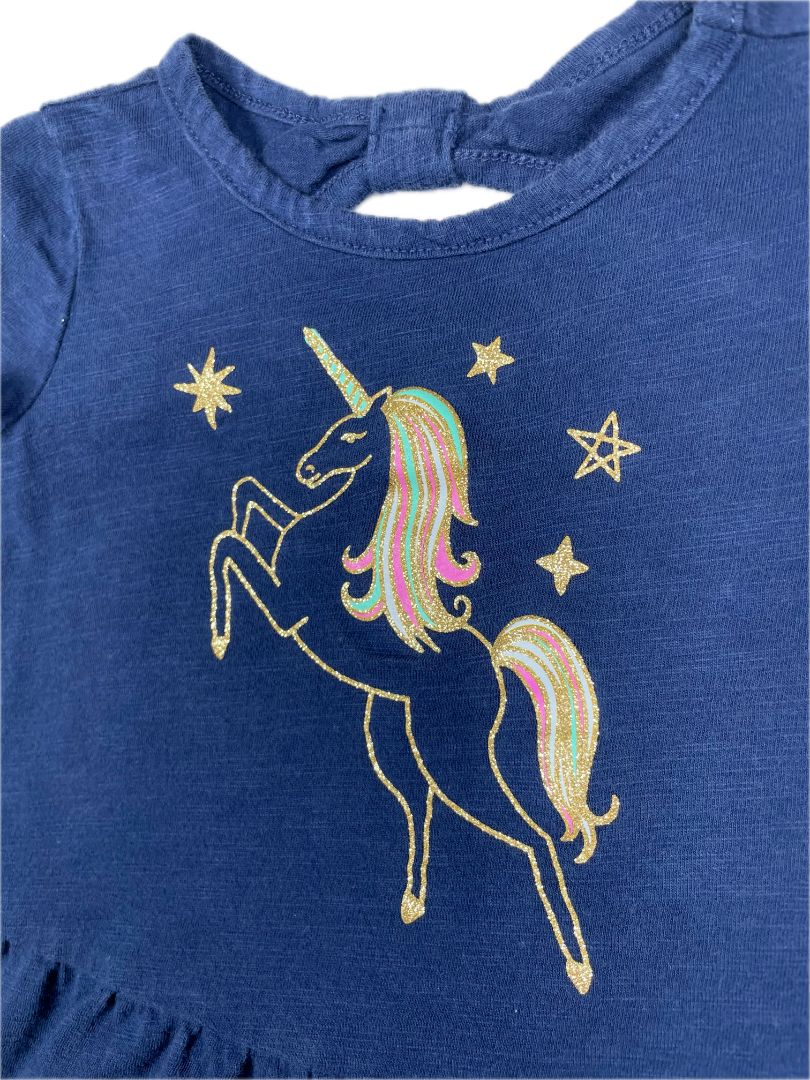 9-12 mo, OshKosh B'Gosh, Blue, Glitter unicorn t-shirt, ruffle bottom, bow back