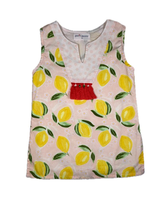 3/3T, Petit Peony, Pink, Sleeveless lemon & floral print dress, pink tassels, lined