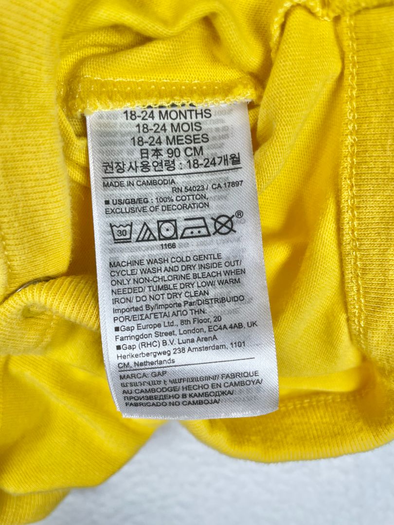 18-24 mo, babyGap, Yellow, Short-sleeve bodysuit w/ pocket & embroidered brown bear