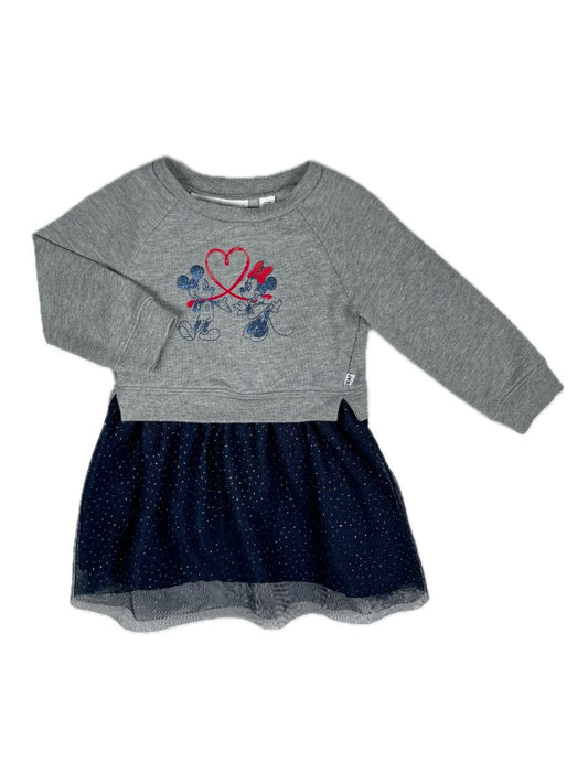 18-24 mo, babyGap, Grey, Sweatshirt-top Mickey & Minnie dress w/ navy & silver polka-dot tulle skirt