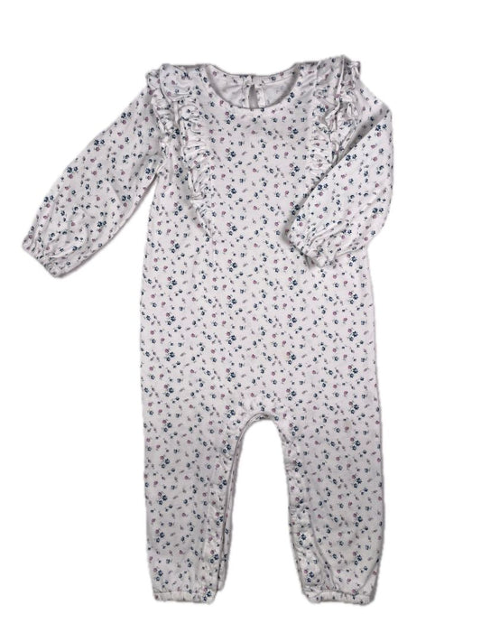12-18 mo, babyGap, White, Long-sleeve coverall, small floral print w/ ruffles at chest, blue/purple