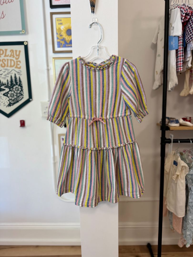 2-3, Boden, Multi, Linen mix colorful vertical striped long-sleeve tiered dress, pink tie